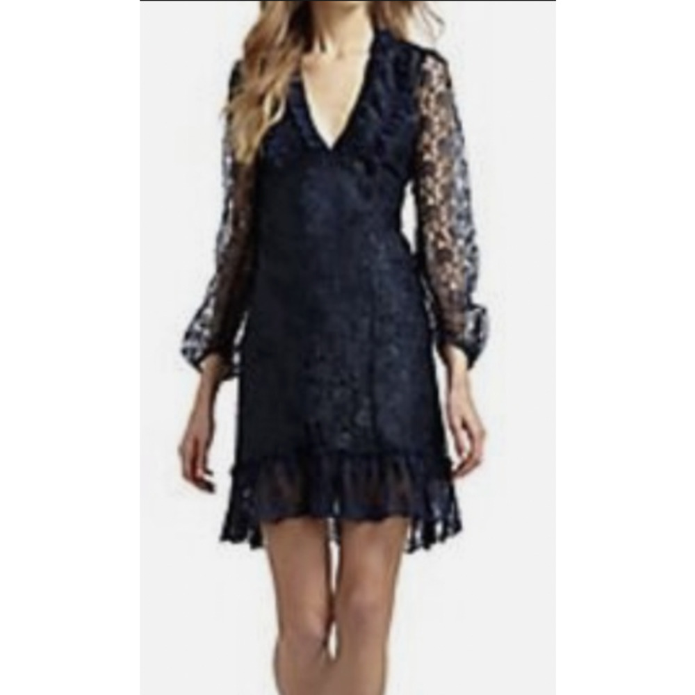 Candela's Lace Esiree Mini Dress with Long Sleeves in Navy Blue, XS